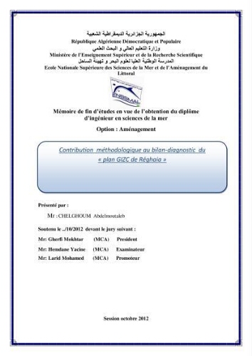 Contribution méthodologique au bilan-diagnostic du " plan GIZC de Réghaia " Contribution méthodologique au bilan-diagnostic du " plan GIZC de Réghaia "