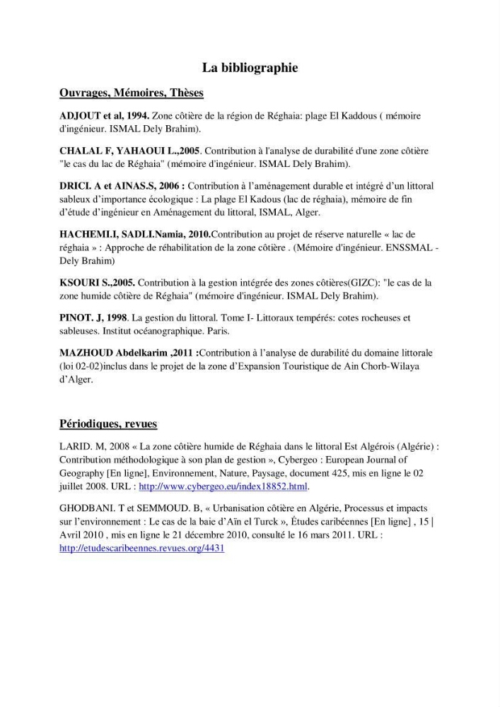Contribution méthodologique au bilan-diagnostic du \" plan GIZC de Réghaia \"