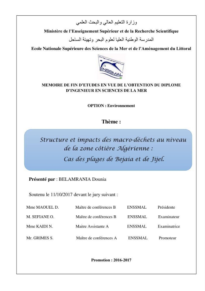 Structure et impacts des macro-déchets au niveau de la zone côtière Algérienjne