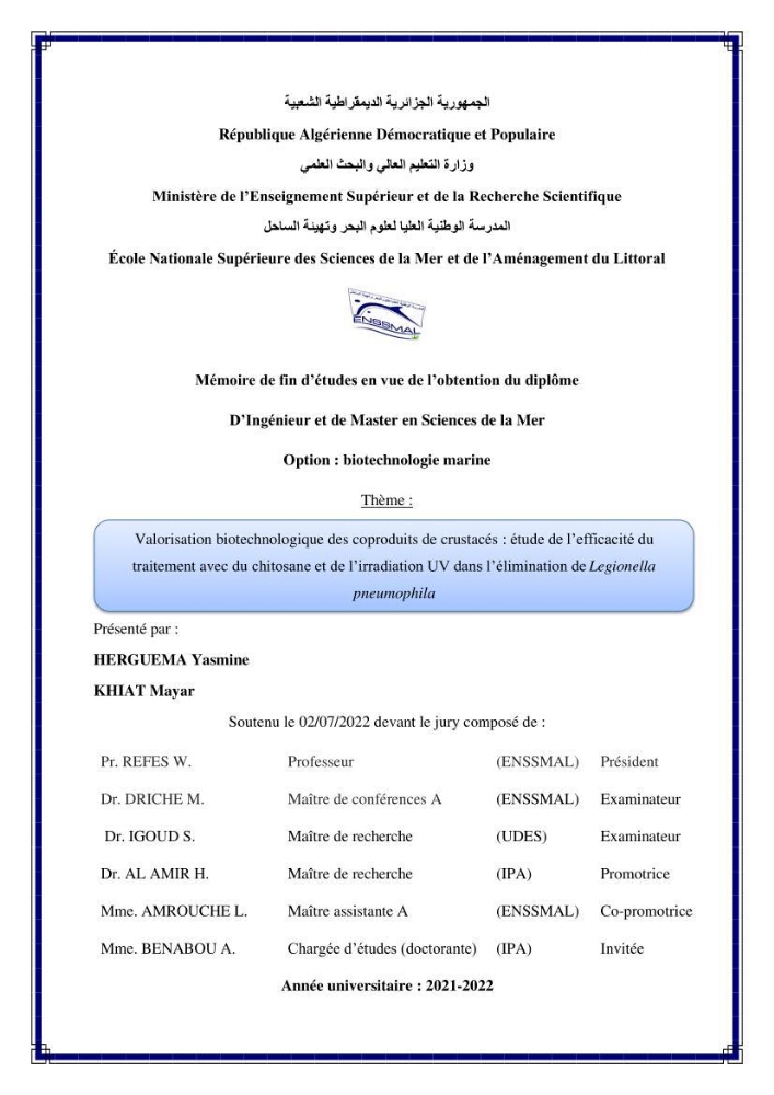 Valorisation biotechnologique des coproduits de crustacés: étude de l’efficacité du traitement avec du chitosane et de l’irradiation UV dans l’élimination de Legionella pneumophila
