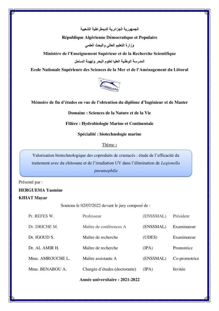 Valorisation biotechnologique des coproduits de crustacés: étude de l’efficacité du traitement avec du chitosane et de l’irradiation UV dans l’élimination de Legionella pneumophila