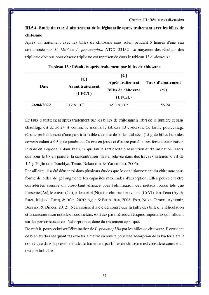 Valorisation biotechnologique des coproduits de crustacés: étude de l’efficacité du traitement avec du chitosane et de l’irradiation UV dans l’élimination de Legionella pneumophila