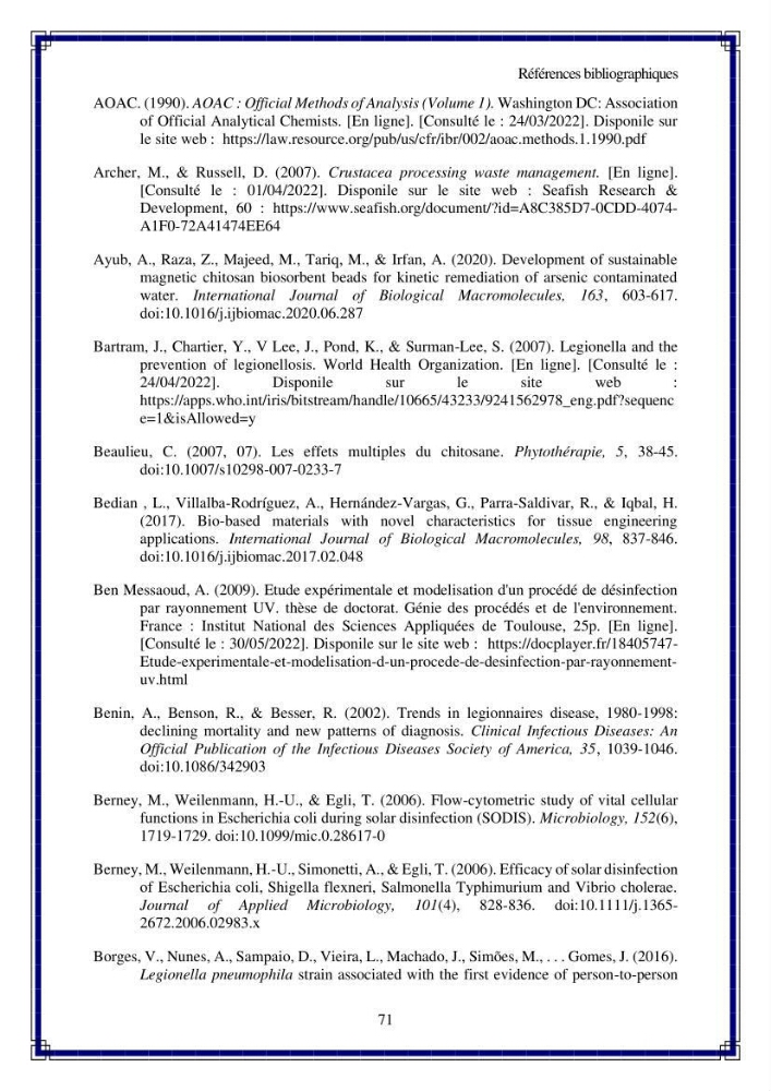 Valorisation biotechnologique des coproduits de crustacés: étude de l’efficacité du traitement avec du chitosane et de l’irradiation UV dans l’élimination de Legionella pneumophila