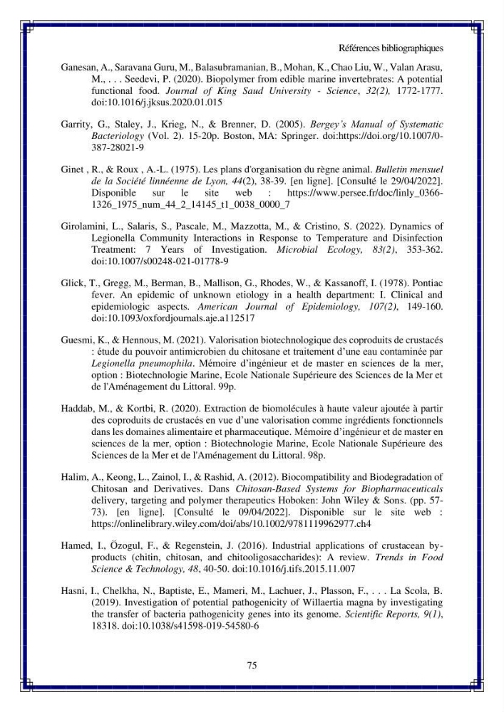 Valorisation biotechnologique des coproduits de crustacés: étude de l’efficacité du traitement avec du chitosane et de l’irradiation UV dans l’élimination de Legionella pneumophila