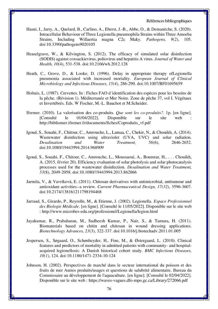 Valorisation biotechnologique des coproduits de crustacés: étude de l’efficacité du traitement avec du chitosane et de l’irradiation UV dans l’élimination de Legionella pneumophila