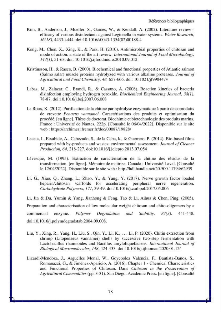 Valorisation biotechnologique des coproduits de crustacés: étude de l’efficacité du traitement avec du chitosane et de l’irradiation UV dans l’élimination de Legionella pneumophila