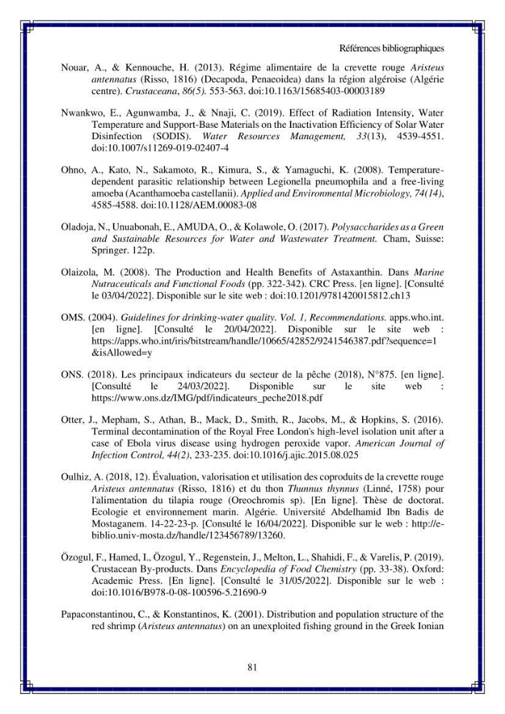 Valorisation biotechnologique des coproduits de crustacés: étude de l’efficacité du traitement avec du chitosane et de l’irradiation UV dans l’élimination de Legionella pneumophila