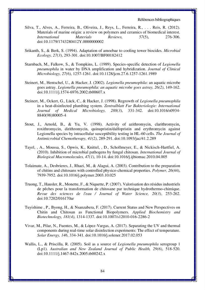 Valorisation biotechnologique des coproduits de crustacés: étude de l’efficacité du traitement avec du chitosane et de l’irradiation UV dans l’élimination de Legionella pneumophila