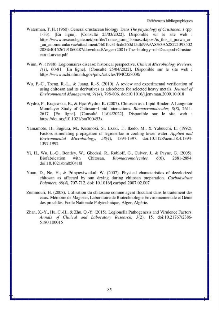 Valorisation biotechnologique des coproduits de crustacés: étude de l’efficacité du traitement avec du chitosane et de l’irradiation UV dans l’élimination de Legionella pneumophila