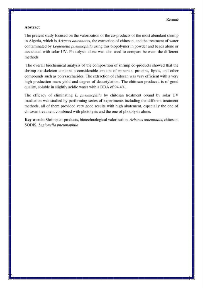 Valorisation biotechnologique des coproduits de crustacés: étude de l’efficacité du traitement avec du chitosane et de l’irradiation UV dans l’élimination de Legionella pneumophila
