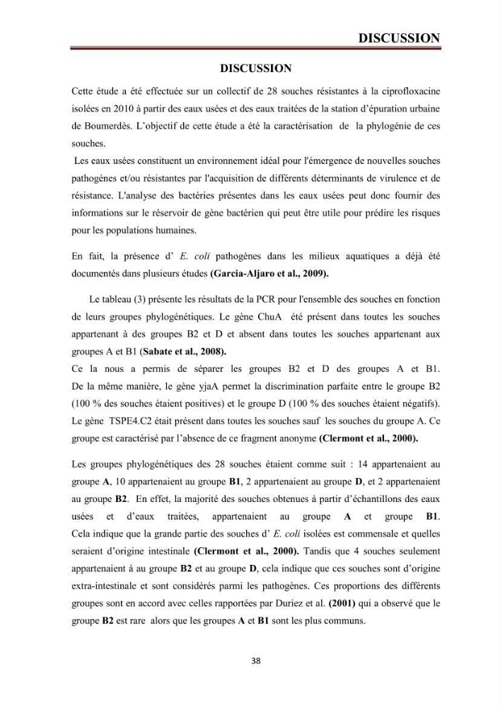 Phylogènie des souches d\'E. coli résistantes aux fluoroquinolones isolées au niveau de la station d\'épuration de Boumerdes