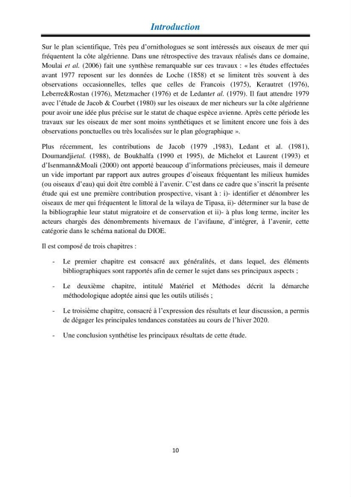 Proposition d’une méthode d’inventaire des oiseaux marins :application au littoral de la wilaya de Tipaza