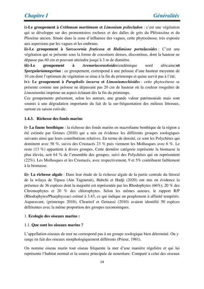 Proposition d’une méthode d’inventaire des oiseaux marins :application au littoral de la wilaya de Tipaza