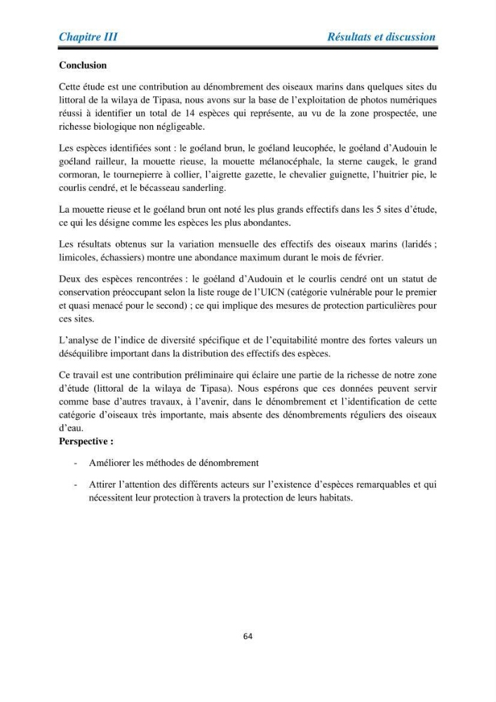 Proposition d’une méthode d’inventaire des oiseaux marins :application au littoral de la wilaya de Tipaza