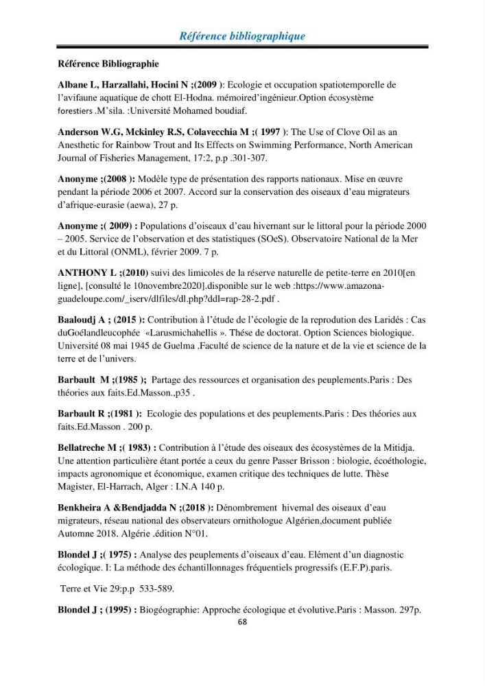 Proposition d’une méthode d’inventaire des oiseaux marins :application au littoral de la wilaya de Tipaza