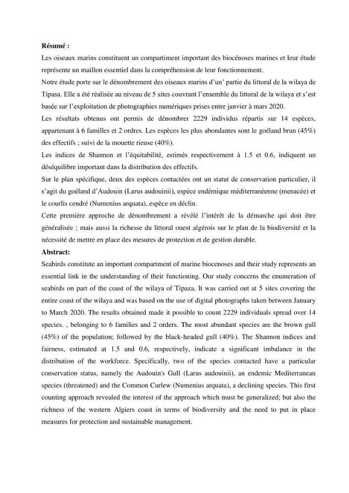 Proposition d’une méthode d’inventaire des oiseaux marins :application au littoral de la wilaya de Tipaza