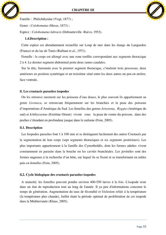 Inventaire des crustaces parasites des poissons de l\'eau de mer