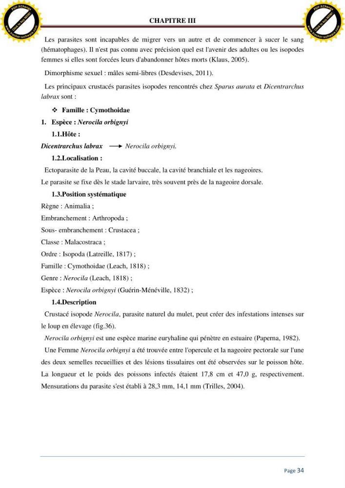 Inventaire des crustaces parasites des poissons de l\'eau de mer