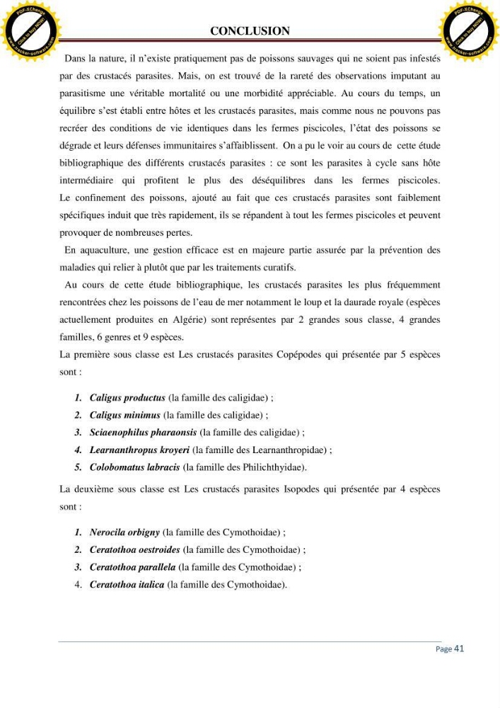 Inventaire des crustaces parasites des poissons de l\'eau de mer