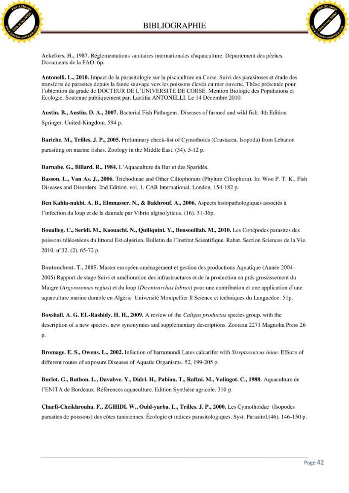 Inventaire des crustaces parasites des poissons de l\'eau de mer