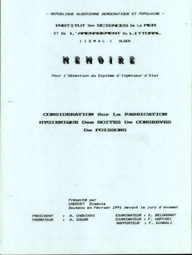 Considération sur la fabrication hygiènique des boites de conserves de poissons Considération sur la fabrication hygiènique des boites de conserves de poissons