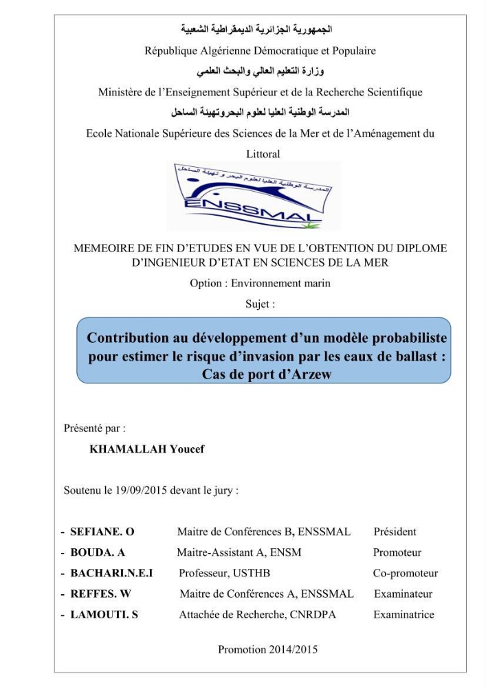 Contribution au développement d\'un modèle probabiliste pour estimer le risque d\'invasion par les eaux de ballast: cas de port d\'Arzew