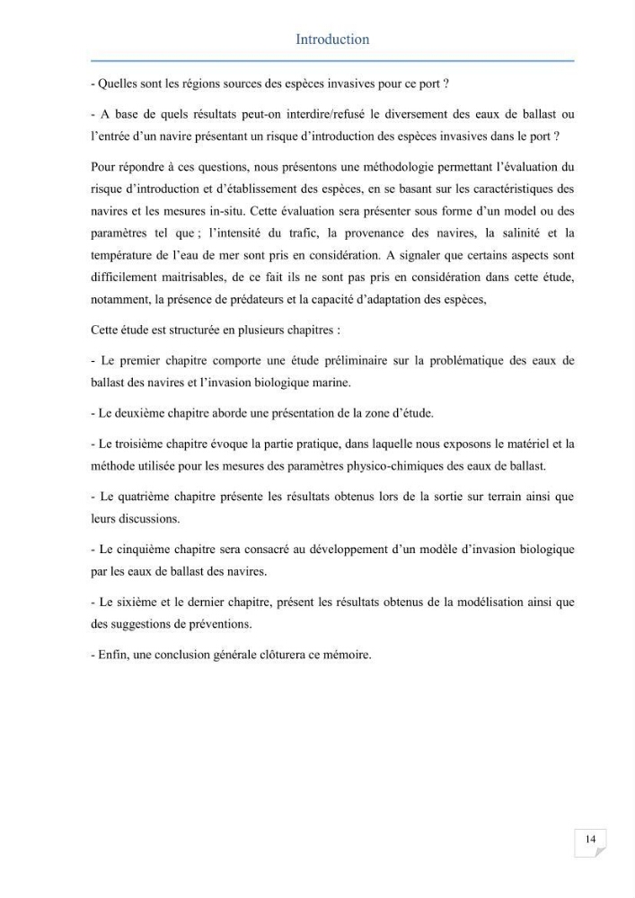 Contribution au développement d\'un modèle probabiliste pour estimer le risque d\'invasion par les eaux de ballast: cas de port d\'Arzew