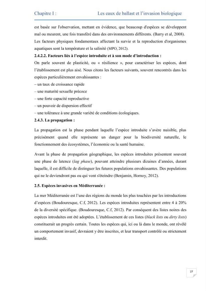 Contribution au développement d\'un modèle probabiliste pour estimer le risque d\'invasion par les eaux de ballast: cas de port d\'Arzew