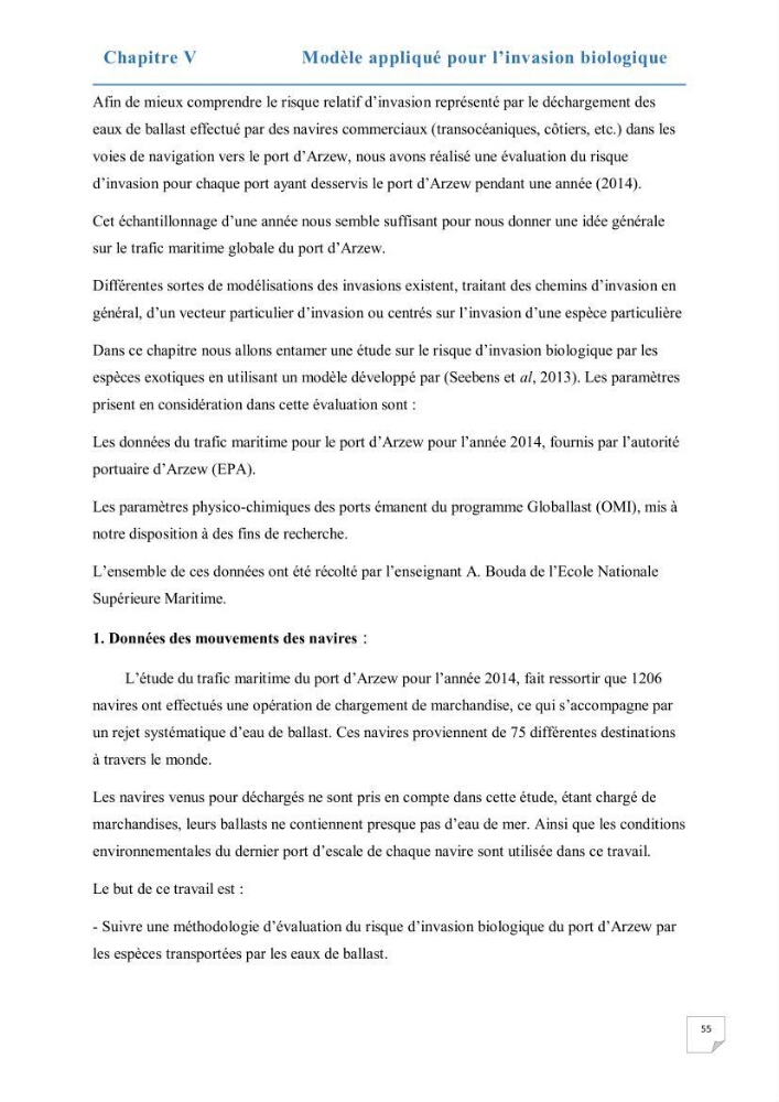 Contribution au développement d\'un modèle probabiliste pour estimer le risque d\'invasion par les eaux de ballast: cas de port d\'Arzew