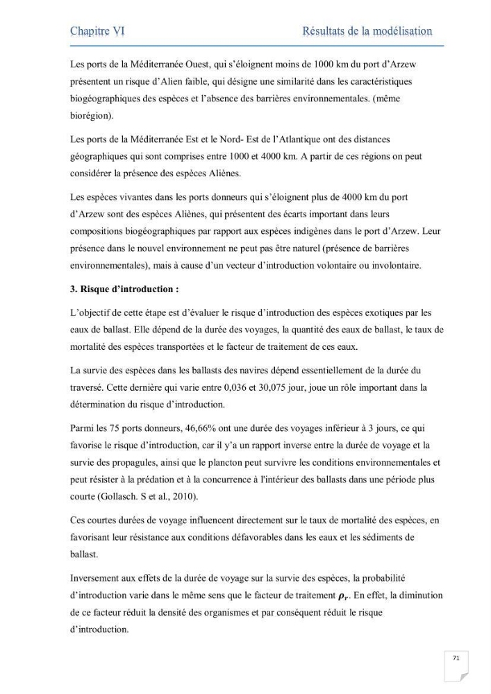 Contribution au développement d\'un modèle probabiliste pour estimer le risque d\'invasion par les eaux de ballast: cas de port d\'Arzew