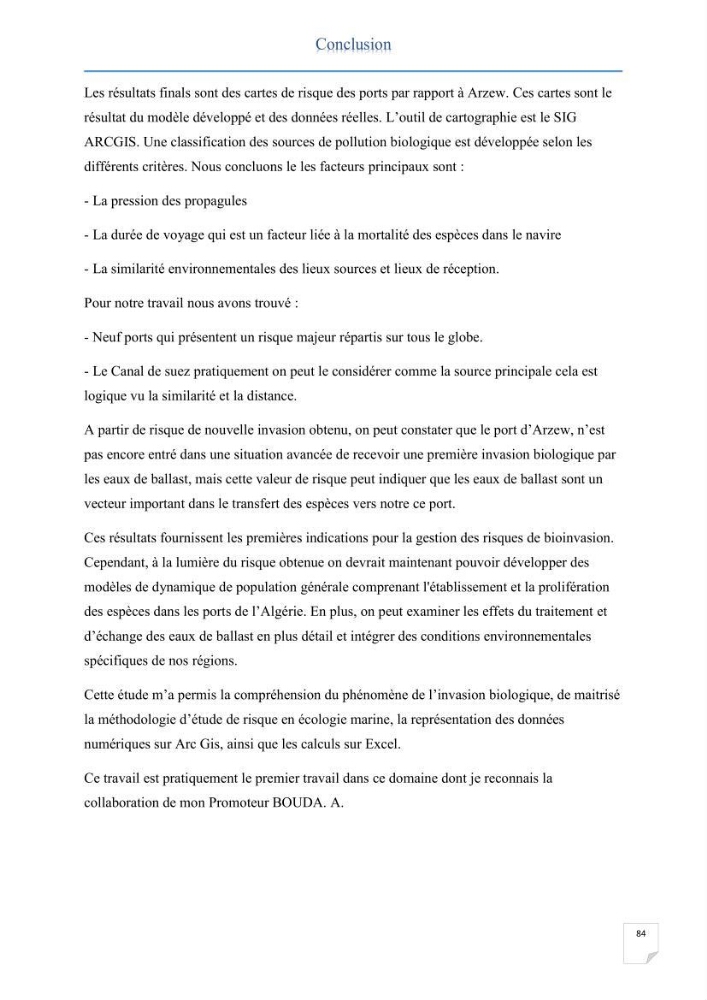 Contribution au développement d\'un modèle probabiliste pour estimer le risque d\'invasion par les eaux de ballast: cas de port d\'Arzew