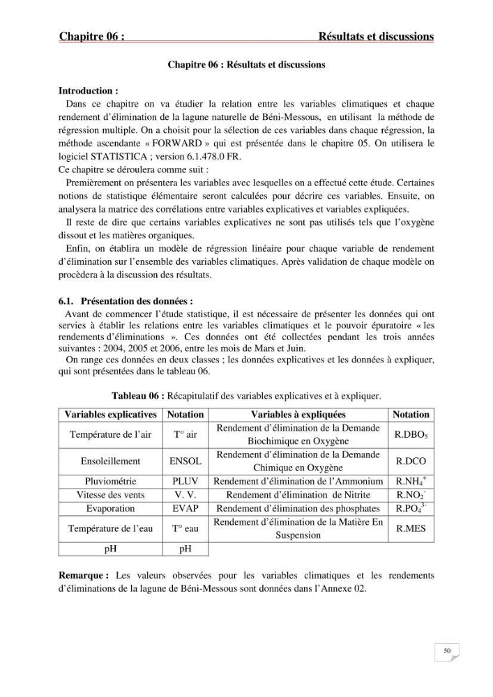 Etude statistique de l\'influence des conditions climatiques sur le pouvoir épuratoire de lagunage naturel