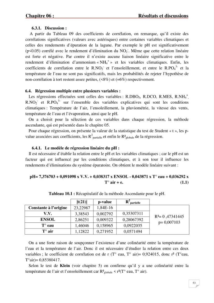Etude statistique de l\'influence des conditions climatiques sur le pouvoir épuratoire de lagunage naturel