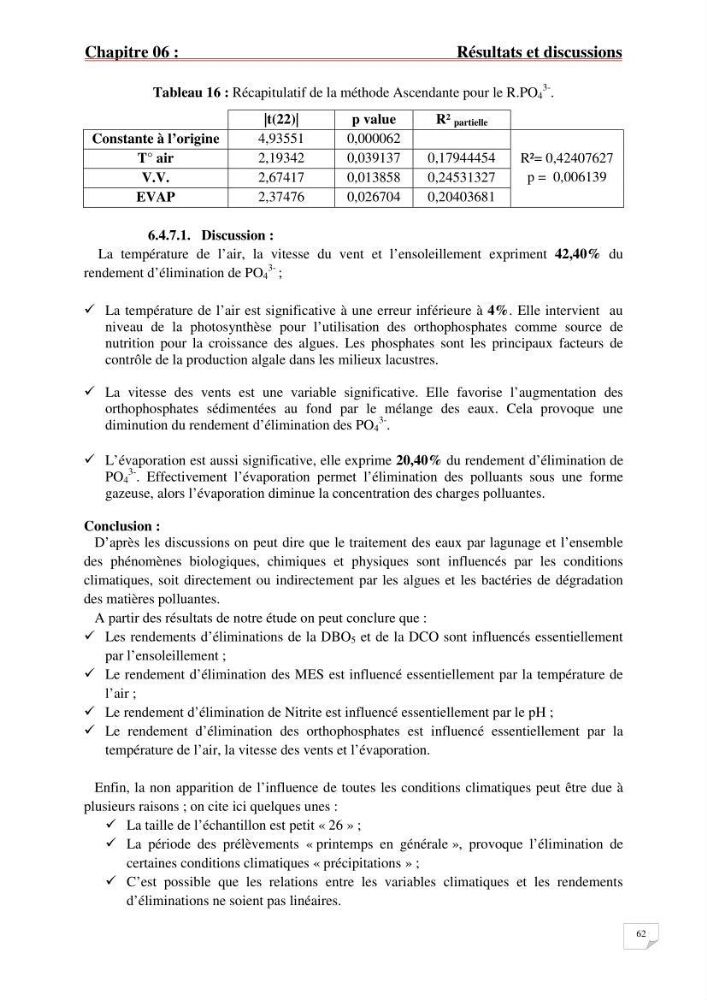 Etude statistique de l\'influence des conditions climatiques sur le pouvoir épuratoire de lagunage naturel