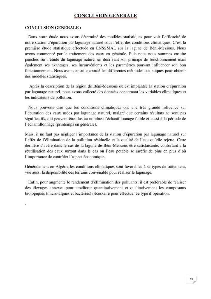 Etude statistique de l\'influence des conditions climatiques sur le pouvoir épuratoire de lagunage naturel
