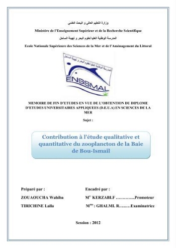 Contribution à l'étude qualitative et quantitative du zooplancton de la baie de Bou-Ismail Contribution à l'étude qualitative et quantitative du zooplancton de la baie de Bou-Ismail
