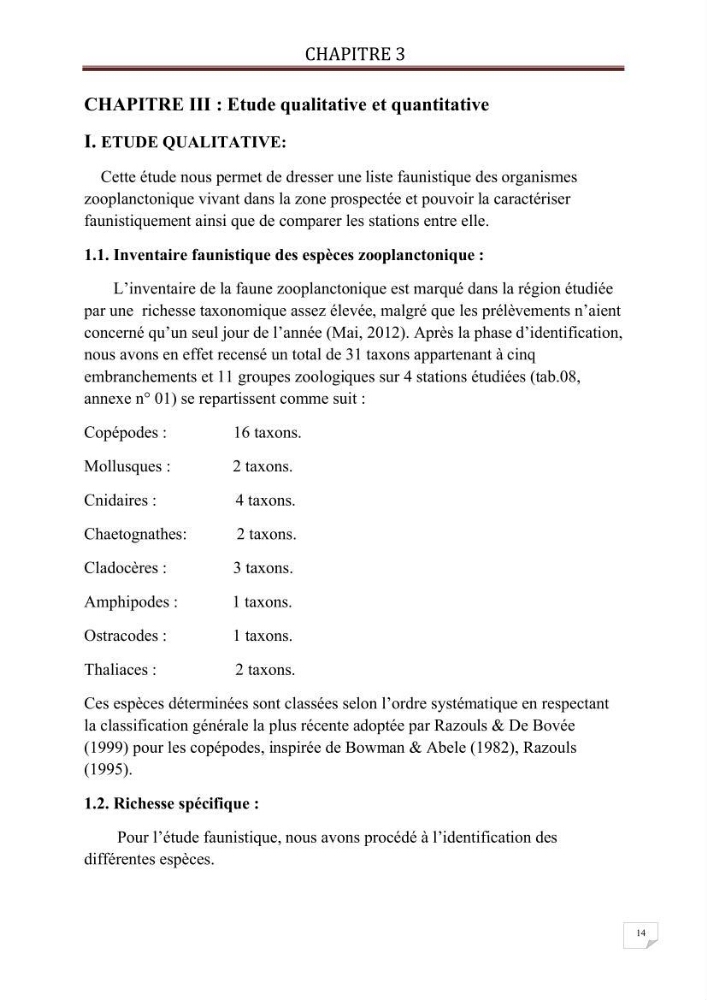 Contribution à l\'étude qualitative et quantitative du zooplancton de la baie de Bou-Ismail
