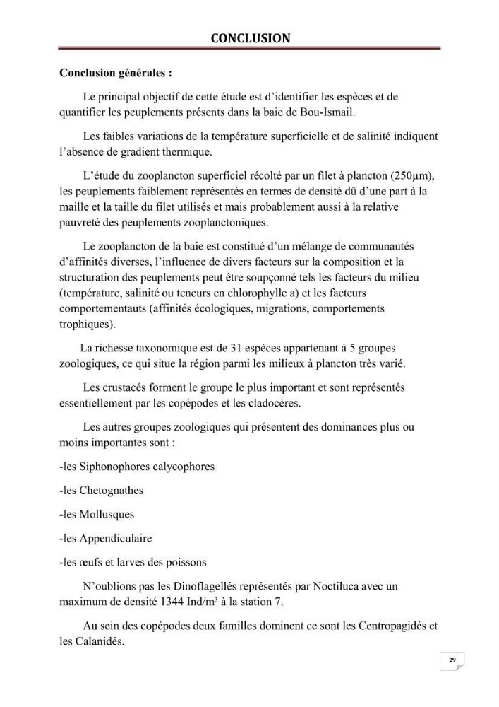 Contribution à l\'étude qualitative et quantitative du zooplancton de la baie de Bou-Ismail