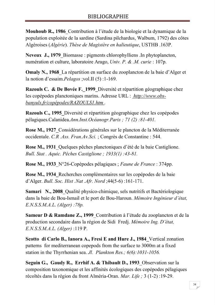 Contribution à l\'étude qualitative et quantitative du zooplancton de la baie de Bou-Ismail