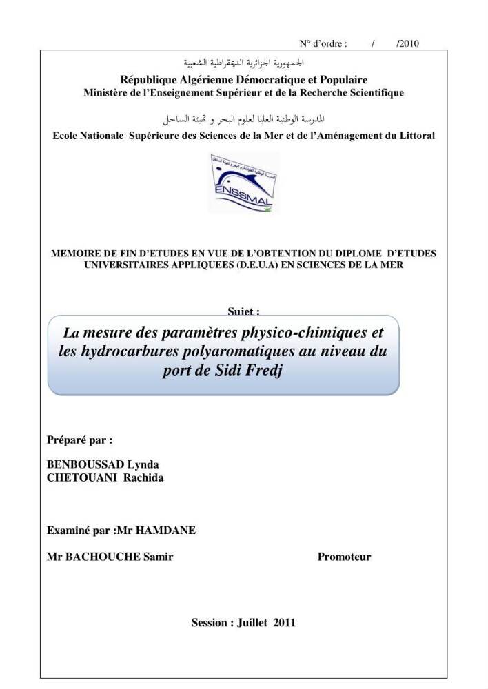 La mesure des paramètres physico-chimiques et les hydrocarbures polyaromatiques au niveau du port de Sidi-Fredj
