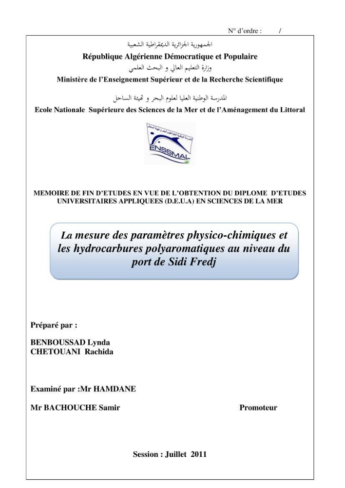 La mesure des paramètres physico-chimiques et les hydrocarbures polyaromatiques au niveau du port de Sidi-Fredj