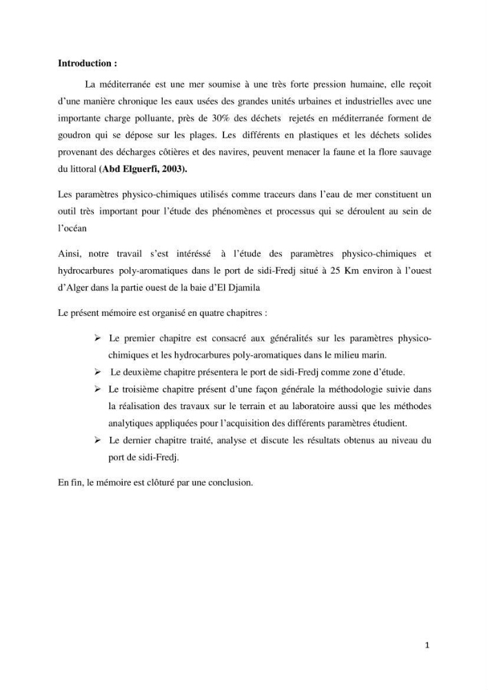 La mesure des paramètres physico-chimiques et les hydrocarbures polyaromatiques au niveau du port de Sidi-Fredj