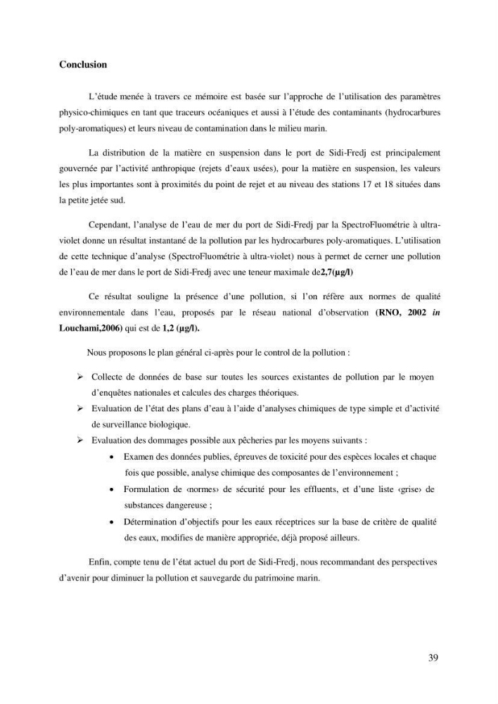 La mesure des paramètres physico-chimiques et les hydrocarbures polyaromatiques au niveau du port de Sidi-Fredj