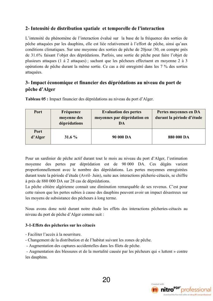 Impact de la déprédation des dauphins et interaction pêcherie-cétacés au niveau du port d\'Alger