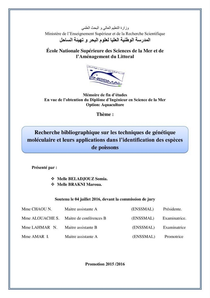 Recherche bibliographique sur les techniques de génétique moléculaire et leurs applications dans l\'identification des especes de poissons :