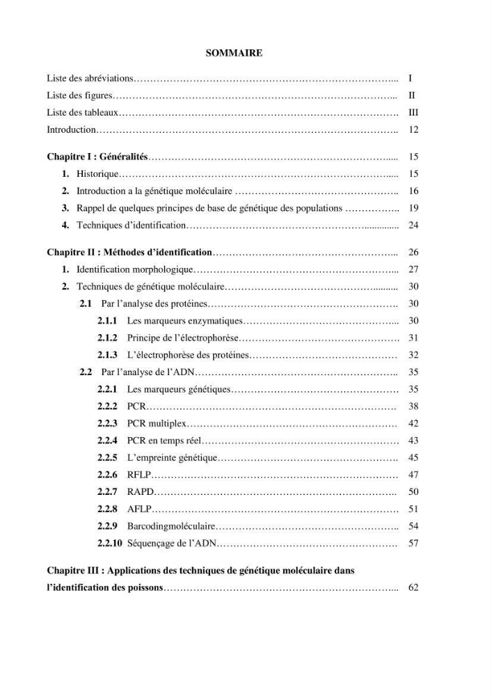 Recherche bibliographique sur les techniques de génétique moléculaire et leurs applications dans l\'identification des especes de poissons :