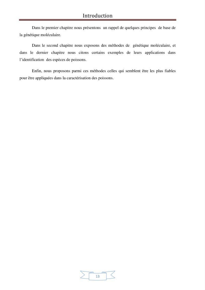 Recherche bibliographique sur les techniques de génétique moléculaire et leurs applications dans l\'identification des especes de poissons :