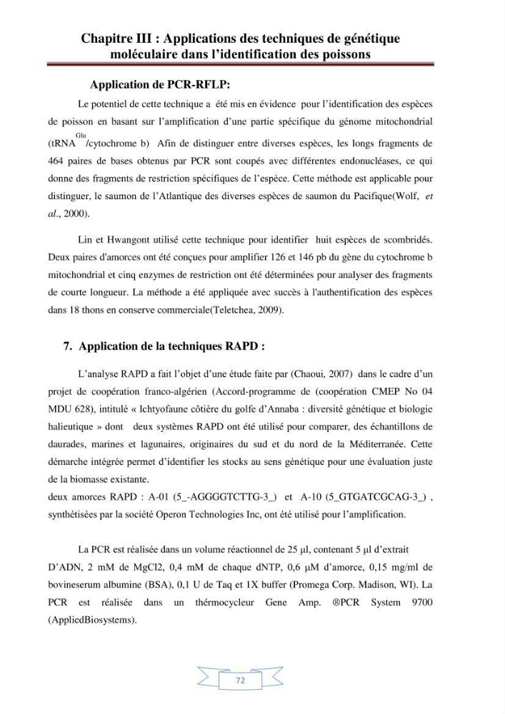 Recherche bibliographique sur les techniques de génétique moléculaire et leurs applications dans l\'identification des especes de poissons :