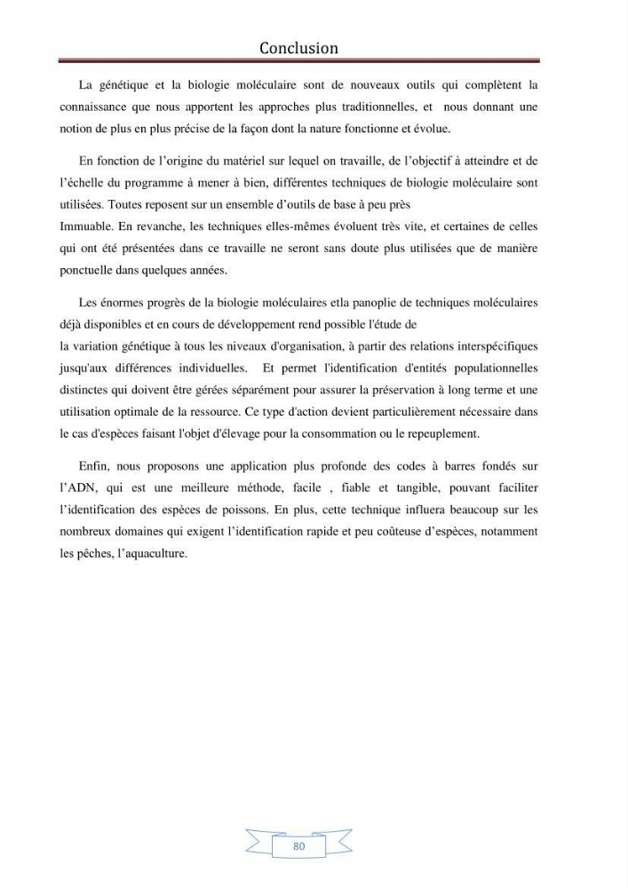 Recherche bibliographique sur les techniques de génétique moléculaire et leurs applications dans l\'identification des especes de poissons :