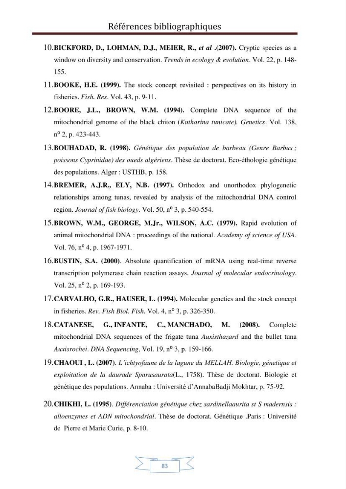 Recherche bibliographique sur les techniques de génétique moléculaire et leurs applications dans l\'identification des especes de poissons :